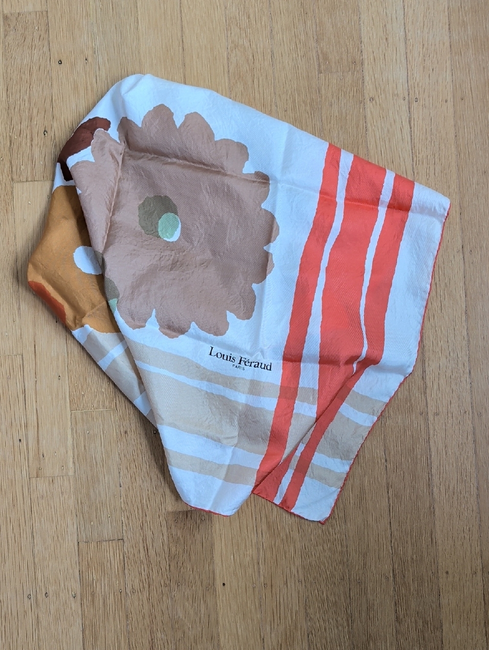 Louis Feraud Floral & Stripe Scarf in Coral, Beige, White and Tan